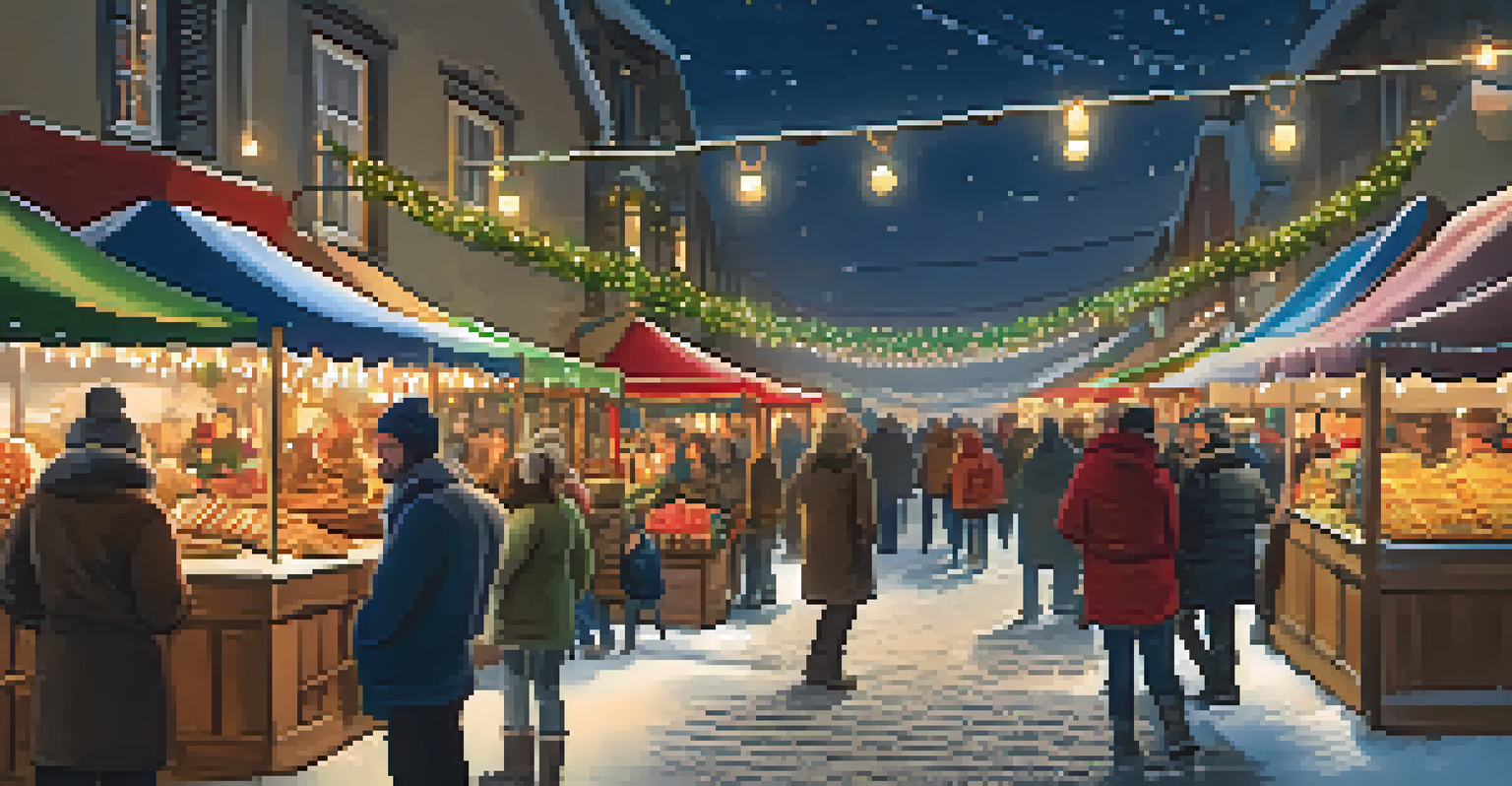A festive Christmas artisan market with decorated stalls showcasing handmade ornaments and seasonal foods, filled with visitors enjoying the holiday spirit.