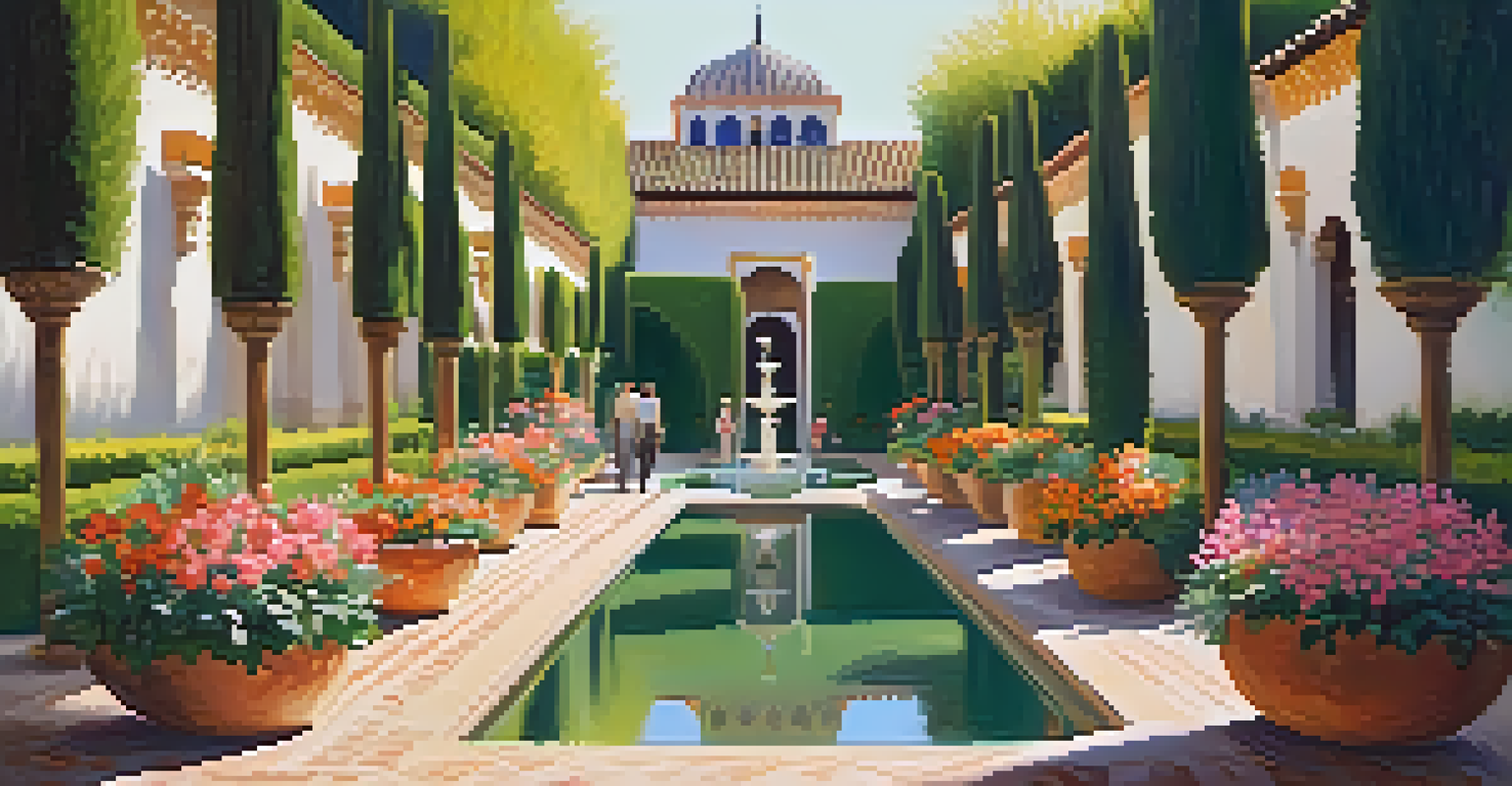 The gardens of the Alcazar of Seville, filled with vibrant flowers, lush greenery, and elegant fountains in a peaceful setting.