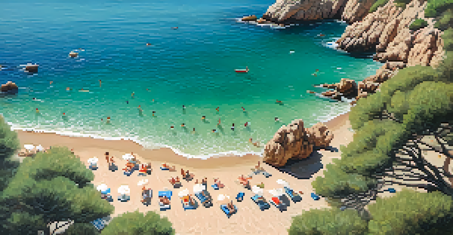 An aerial view of a beautiful beach in Costa Brava, with turquoise water and sandy shore.