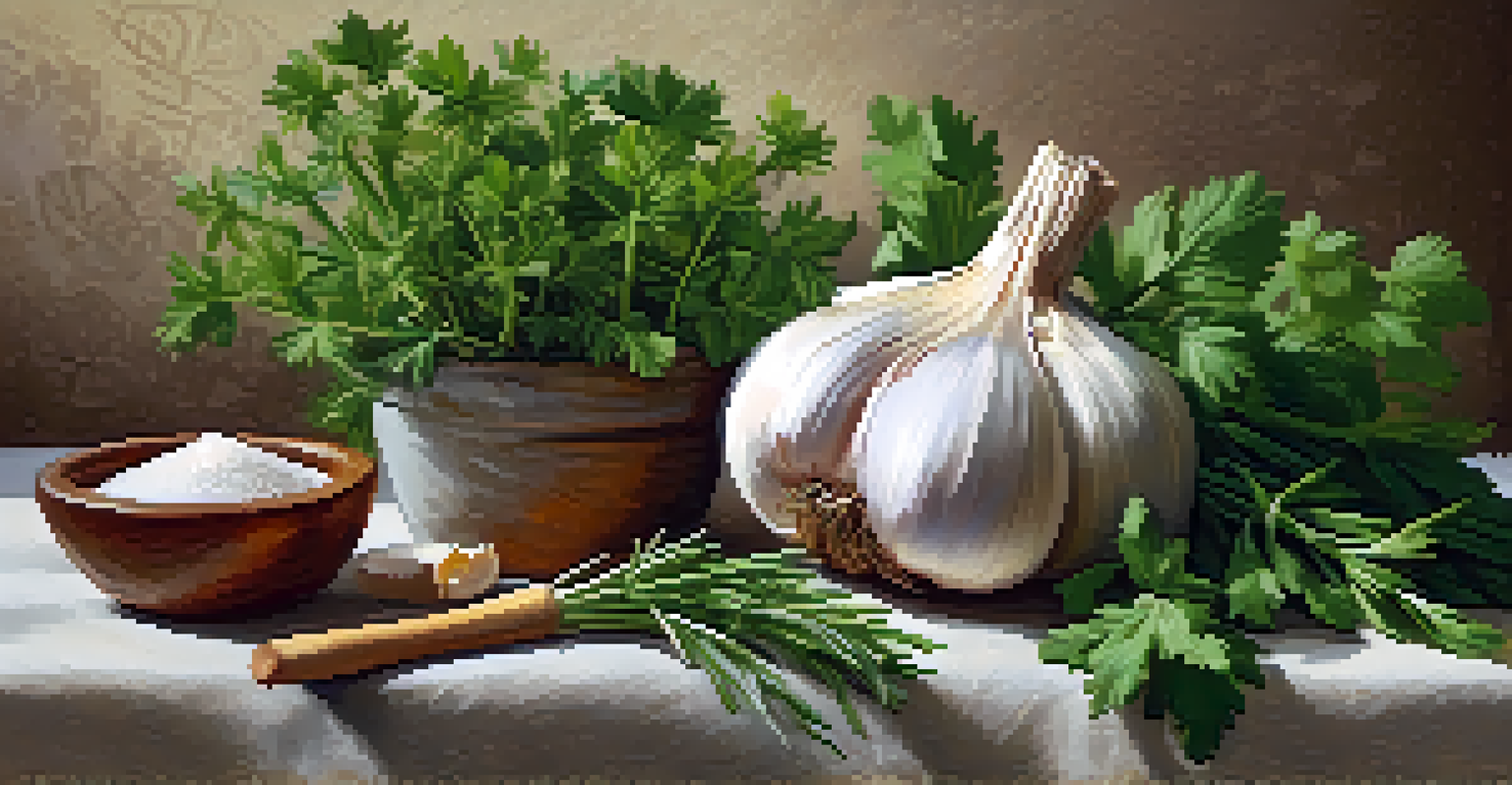 A stylized display of fresh herbs like garlic and cilantro on a textured fabric with a mortar and pestle.