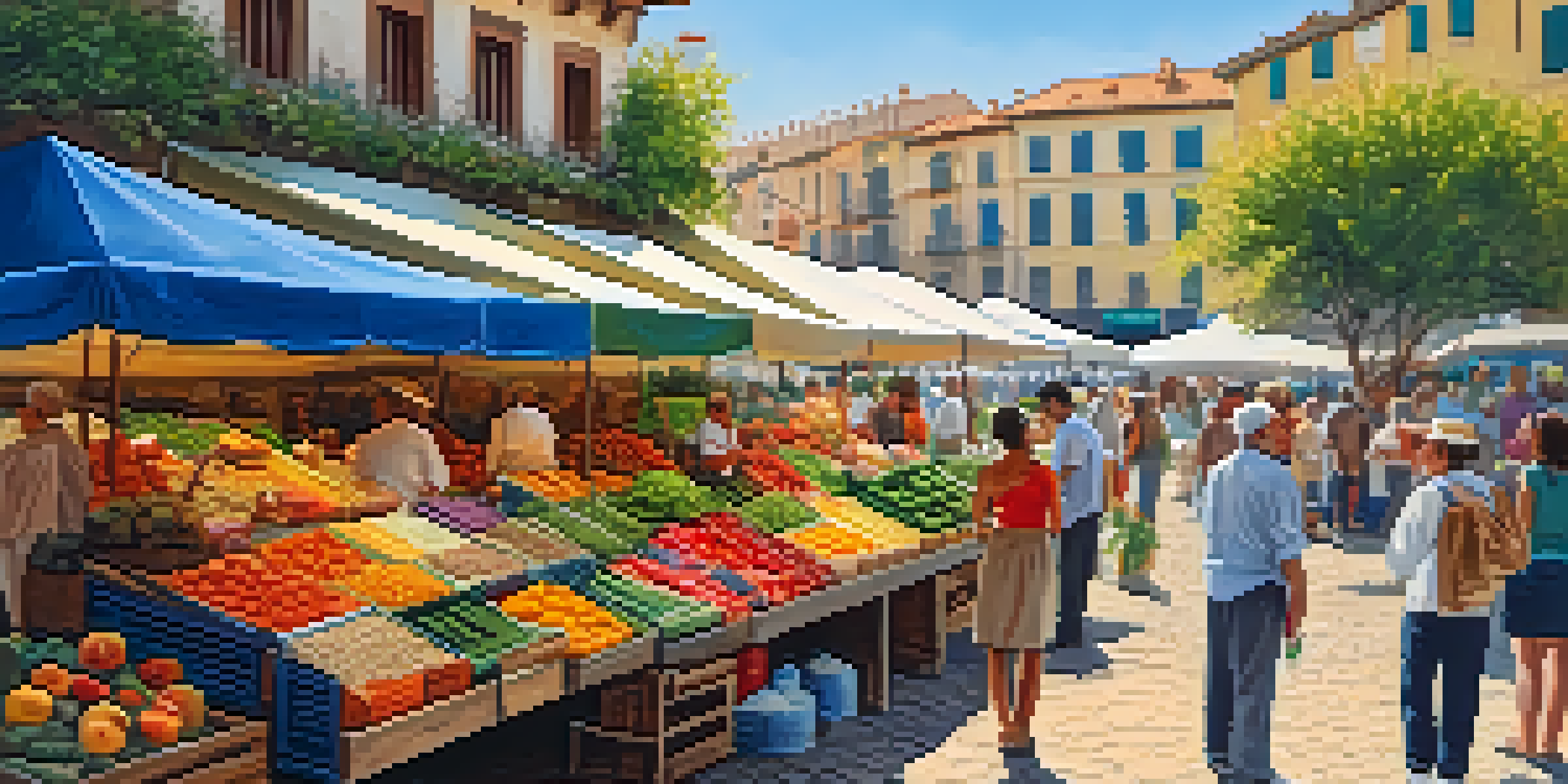 A bustling Spanish market filled with colorful fruits and vegetables, with vendors and customers engaged in conversation.