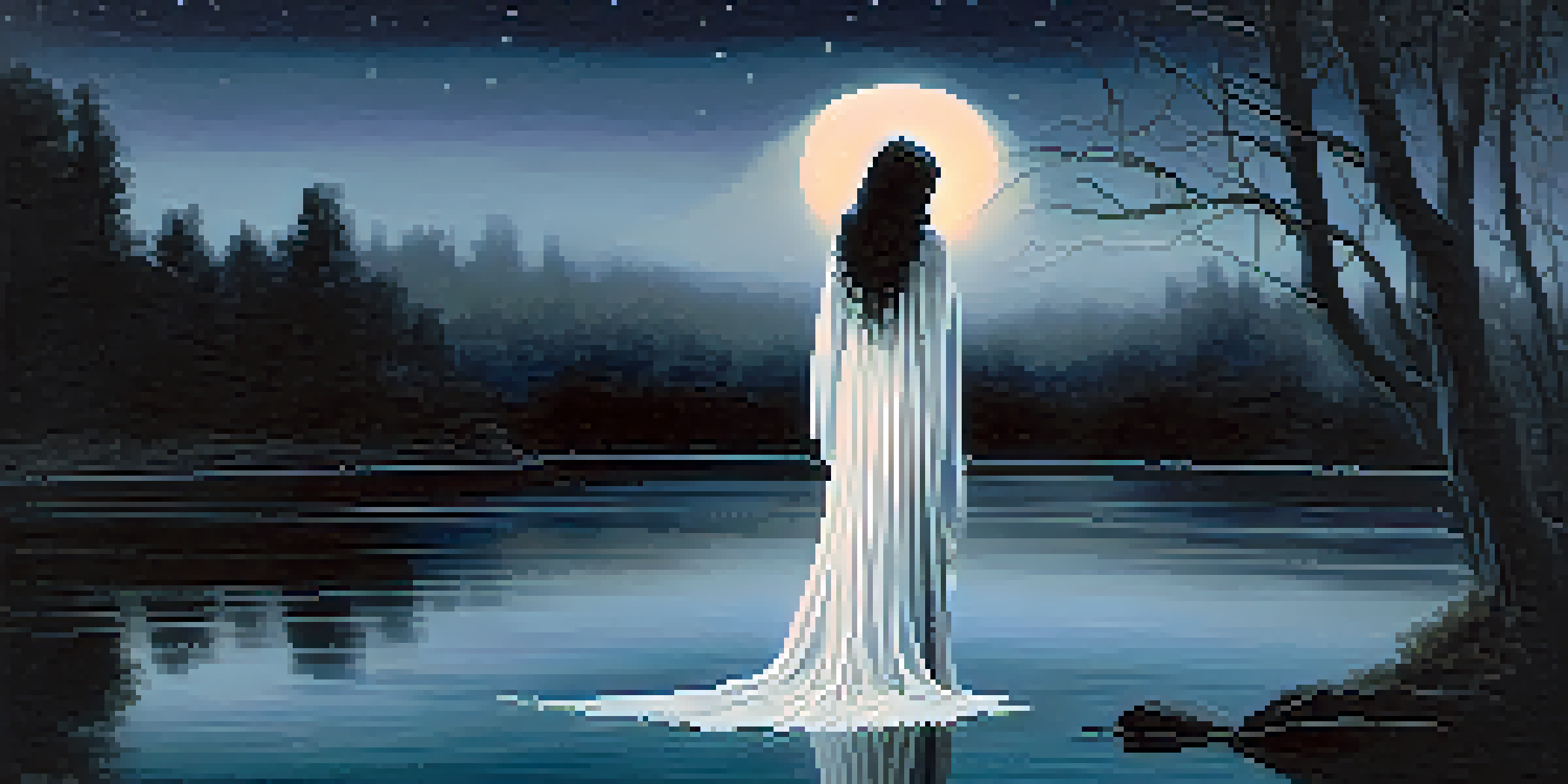 A ghostly figure of a woman in a white gown stands by a moonlit river, with mist rising from the water and trees silhouetted against the night sky.