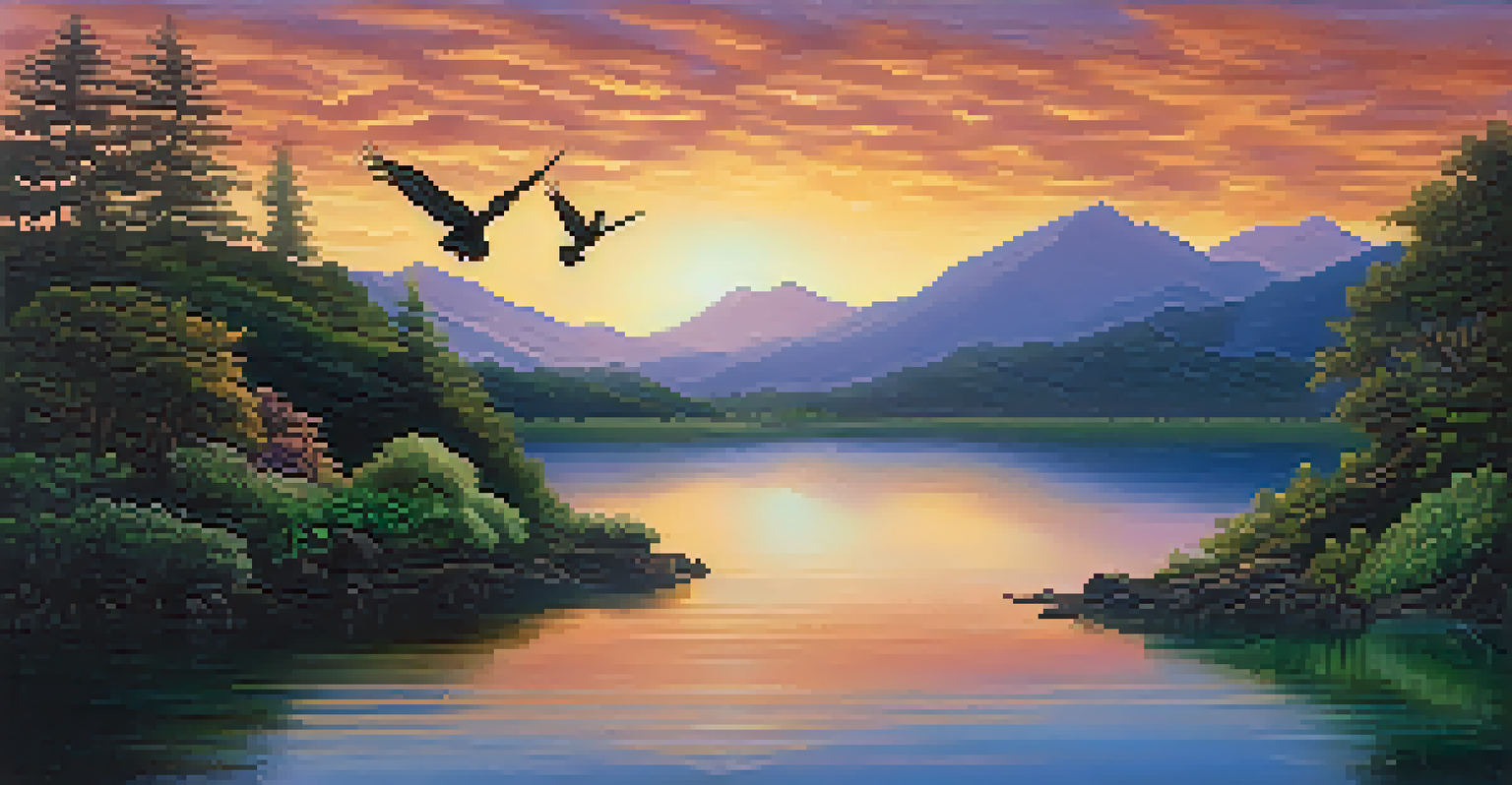 A goddess transforming into a crow over a calm river with mountains in the background.