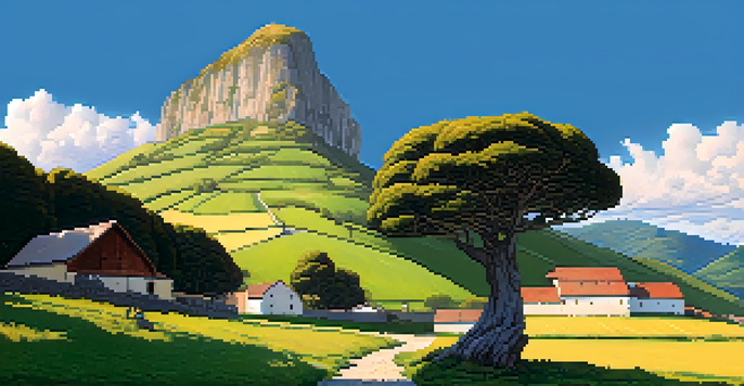 A giant stone figure in a vibrant green landscape with mountains and a small village.