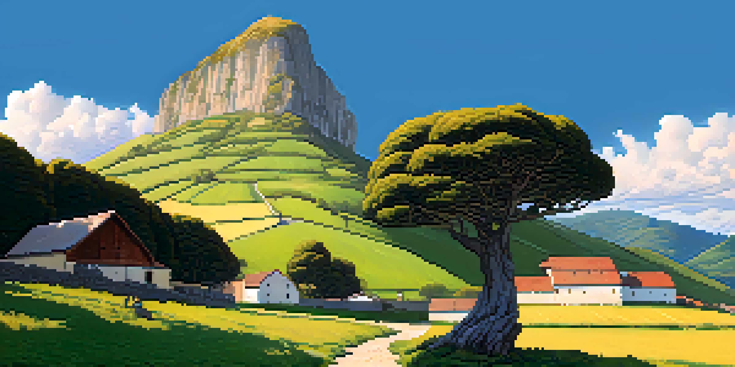 A giant stone figure in a vibrant green landscape with mountains and a small village.