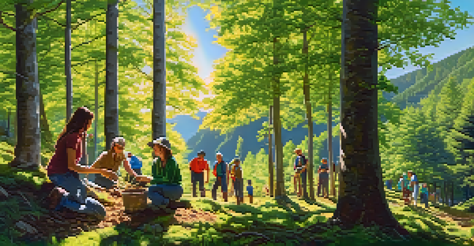 Volunteers planting trees in a lush forest in the Pyrenees Mountains, with sunlight filtering through the leaves.