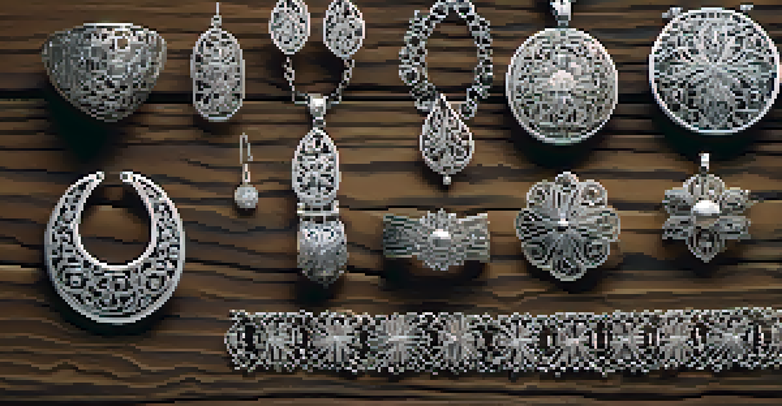 An assortment of Galician silver filigree jewelry pieces displayed on a rustic wooden surface, highlighting their intricate designs.