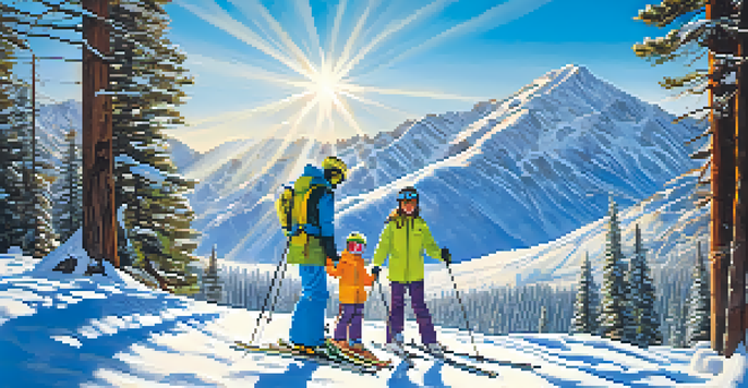 A family enjoying skiing together with the Sierra Nevada mountains in the background, showcasing a father teaching his child.