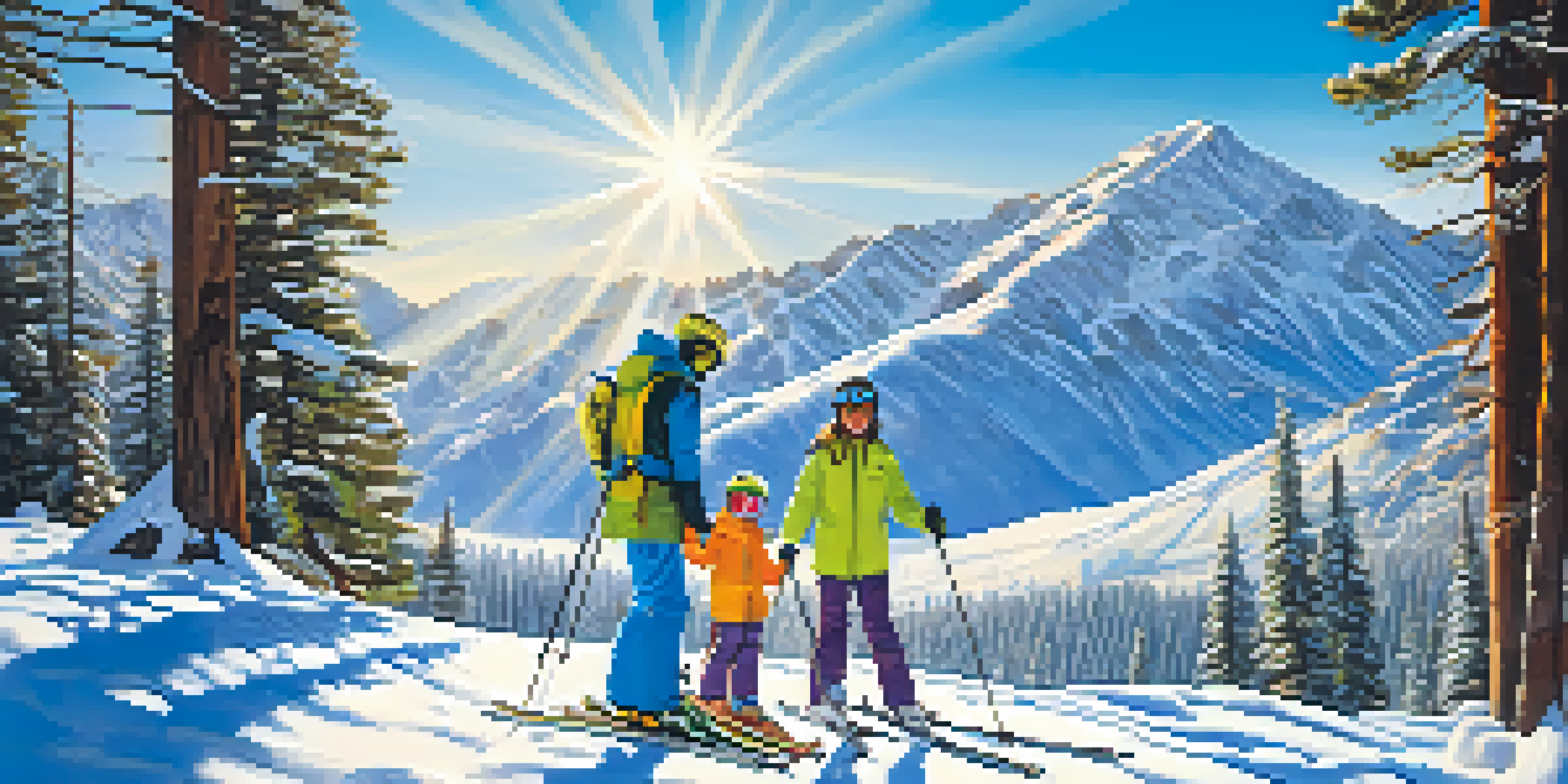 A family enjoying skiing together with the Sierra Nevada mountains in the background, showcasing a father teaching his child.