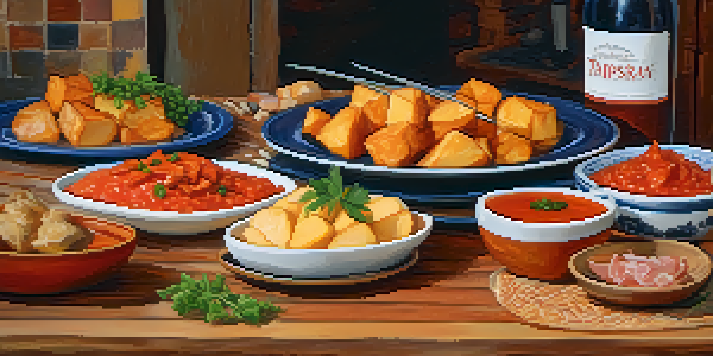 A table set with a variety of traditional Spanish tapas dishes, including patatas bravas and jamón ibérico, alongside a glass of sherry, with colorful tiles in the background.