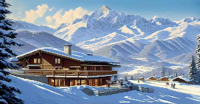 A scenic view of snow-covered Pyrenees mountains with skiers and a cozy ski lodge in the foreground.