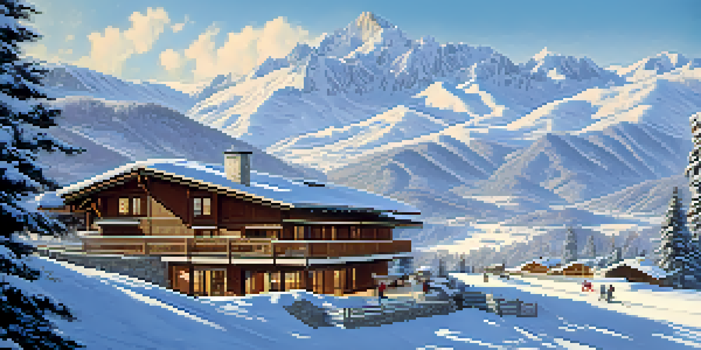 A scenic view of snow-covered Pyrenees mountains with skiers and a cozy ski lodge in the foreground.