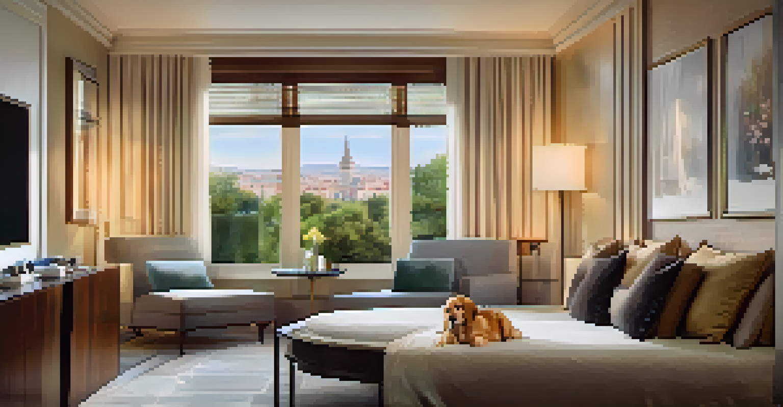 A luxurious hotel room in Madrid with a cozy bed and a pet bed, illuminated by soft warm lighting.