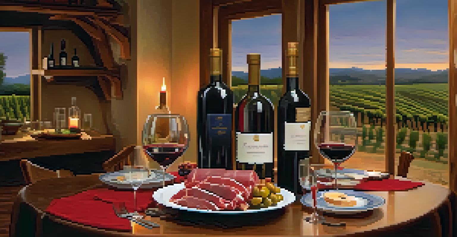 A close-up of a wine tasting setup with red wine, jamón ibérico, and olives on a wooden table, illuminated by candlelight.