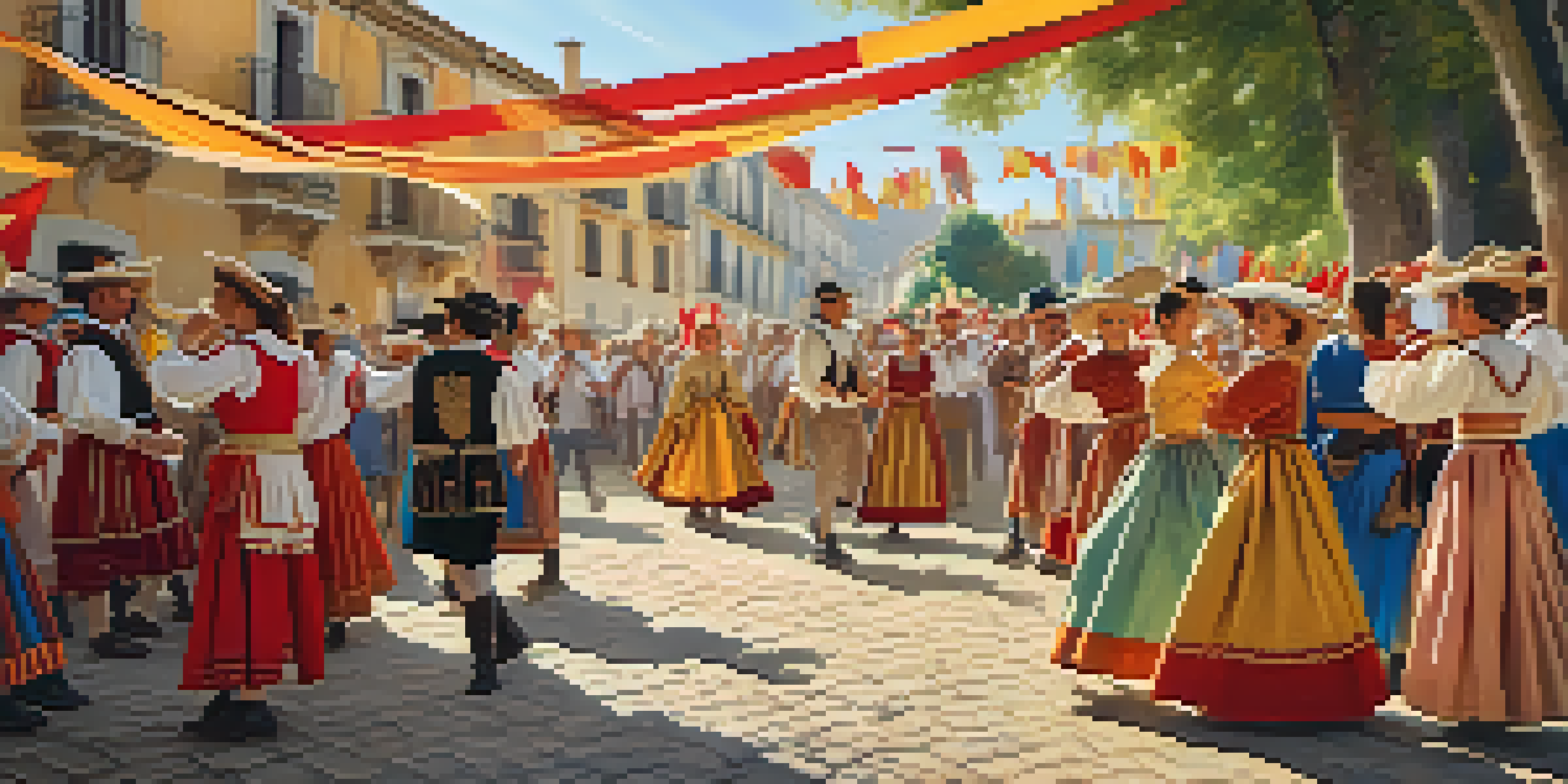 A lively festival scene with participants in historical costumes dancing and celebrating in a Spanish town during the Reconquista reenactment, with colorful decorations and warm sunlight.