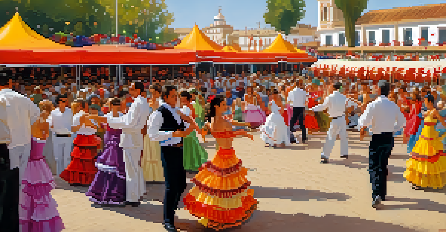 A festive scene at the Feria de Abril with colorful tents, dancing people, and a horse parade.