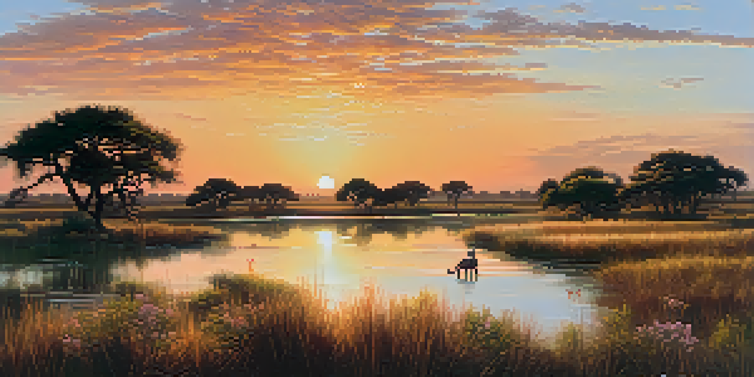 A beautiful sunset over Doñana National Park with wildflowers in the foreground and Iberian lynxes in the distance.