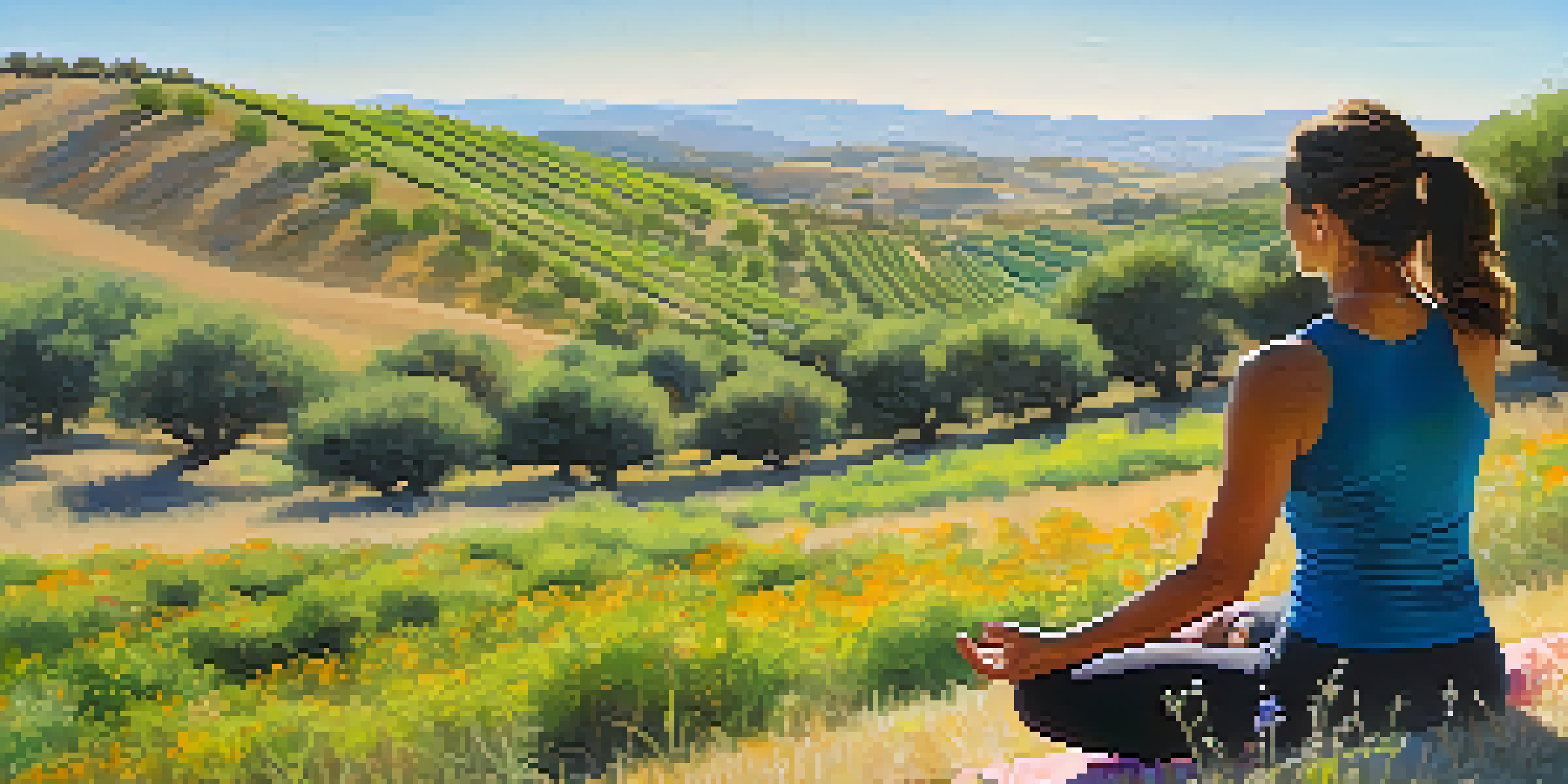 A person practicing yoga on a grassy knoll with rolling hills of olive groves and vineyards in the background, under a clear blue sky.