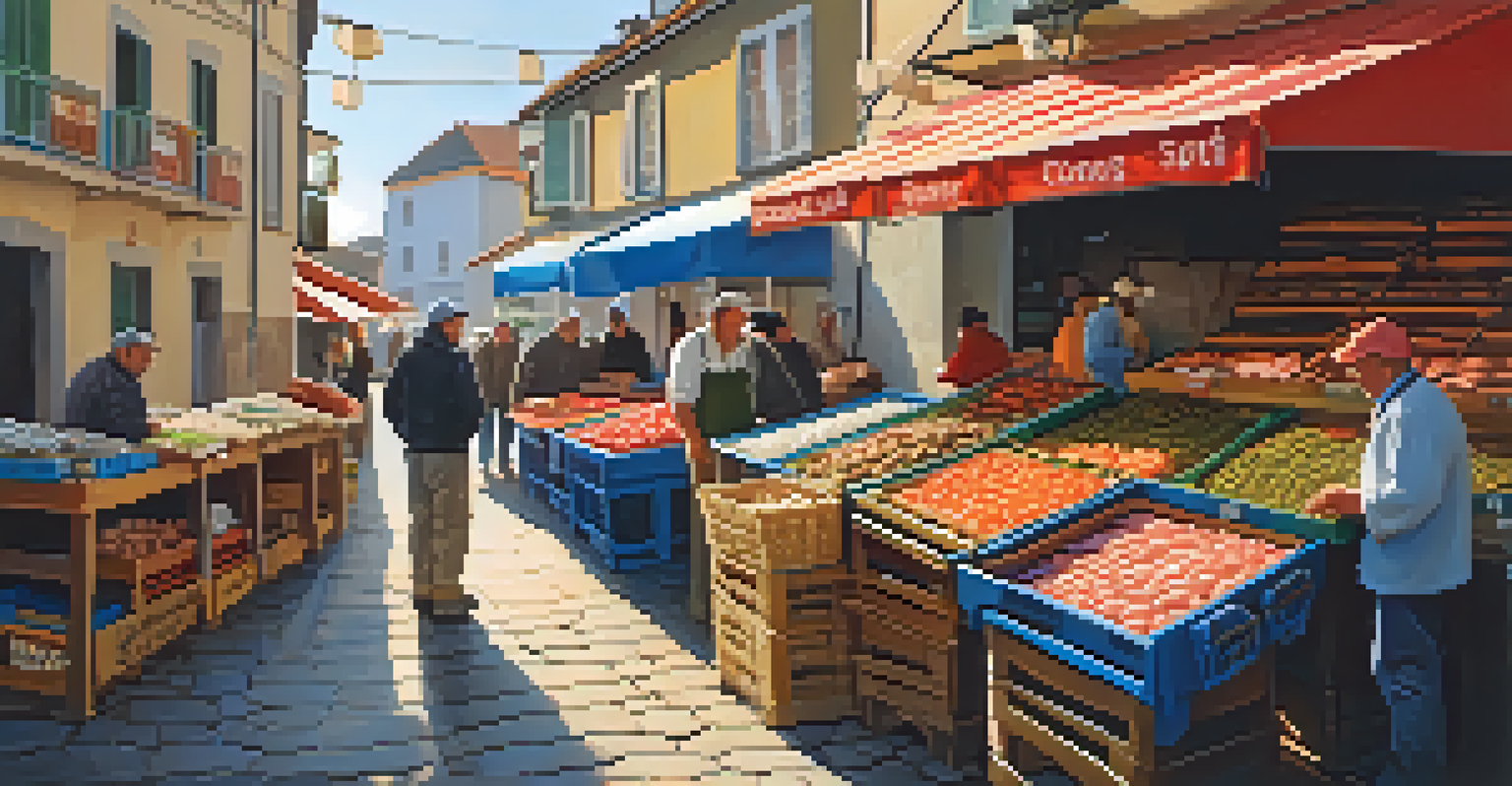 A bustling seafood market in Galicia with fresh fish and shellfish on display, capturing the interaction between fishermen and customers in a warm, sunlit atmosphere.