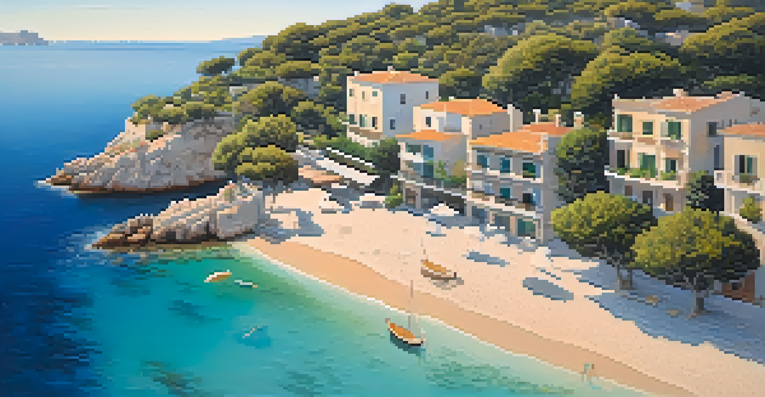 Aerial view of beautiful beaches and clear waters in Mallorca during golden hour.
