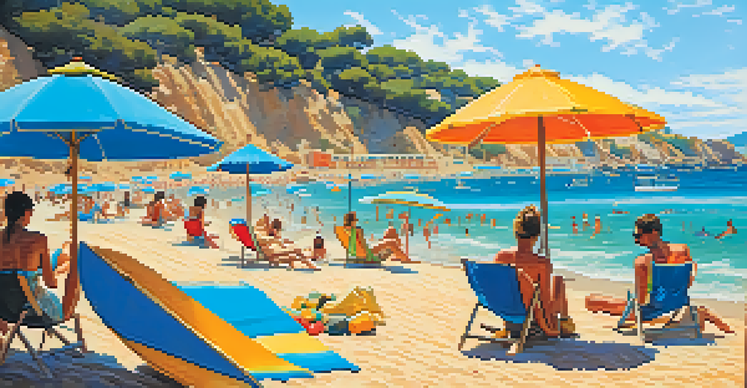 A vibrant summer beach scene on Costa Brava with surfers, sunbathers, and turquoise waters under a sunny sky.