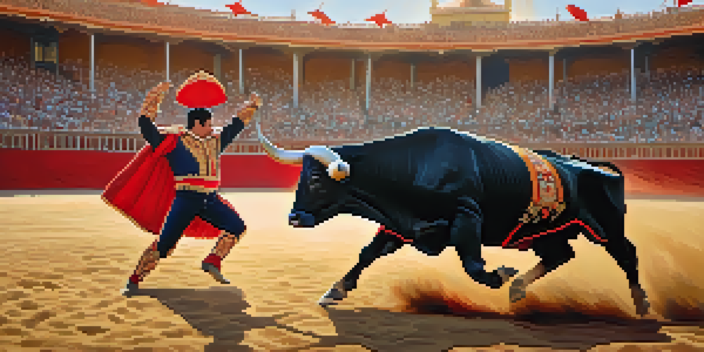 A matador in a colorful outfit performs in a bullring while a bull charges, with a lively crowd in the background under a golden sunset.
