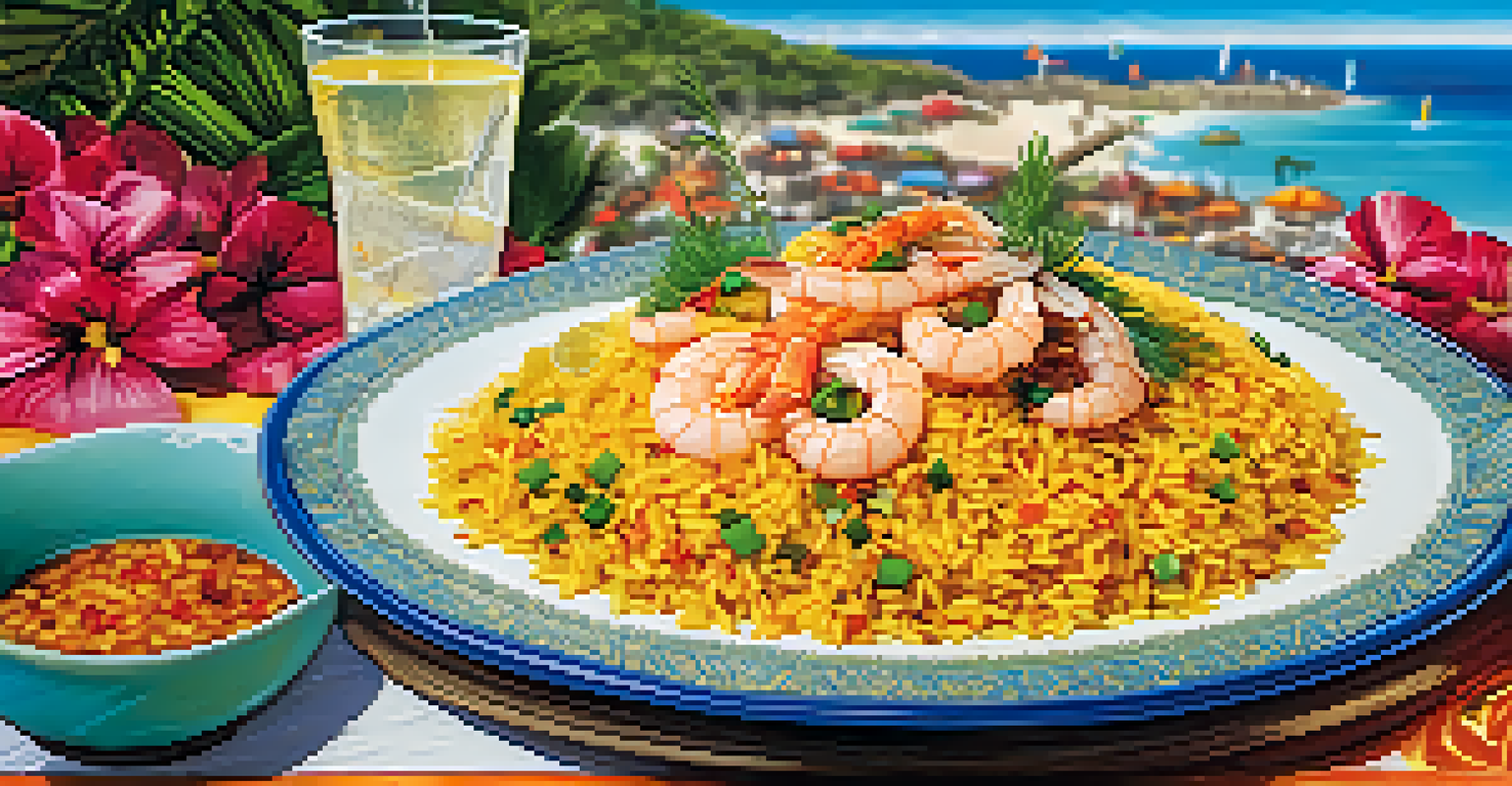 A plate of 'arroz a banda' with seafood and a cocktail, set against a festive beach atmosphere.