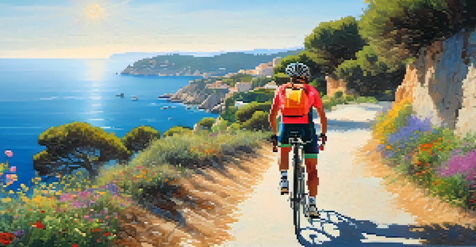 A cyclist riding along the Costa Brava, surrounded by wildflowers and cliffs overlooking the Mediterranean Sea.