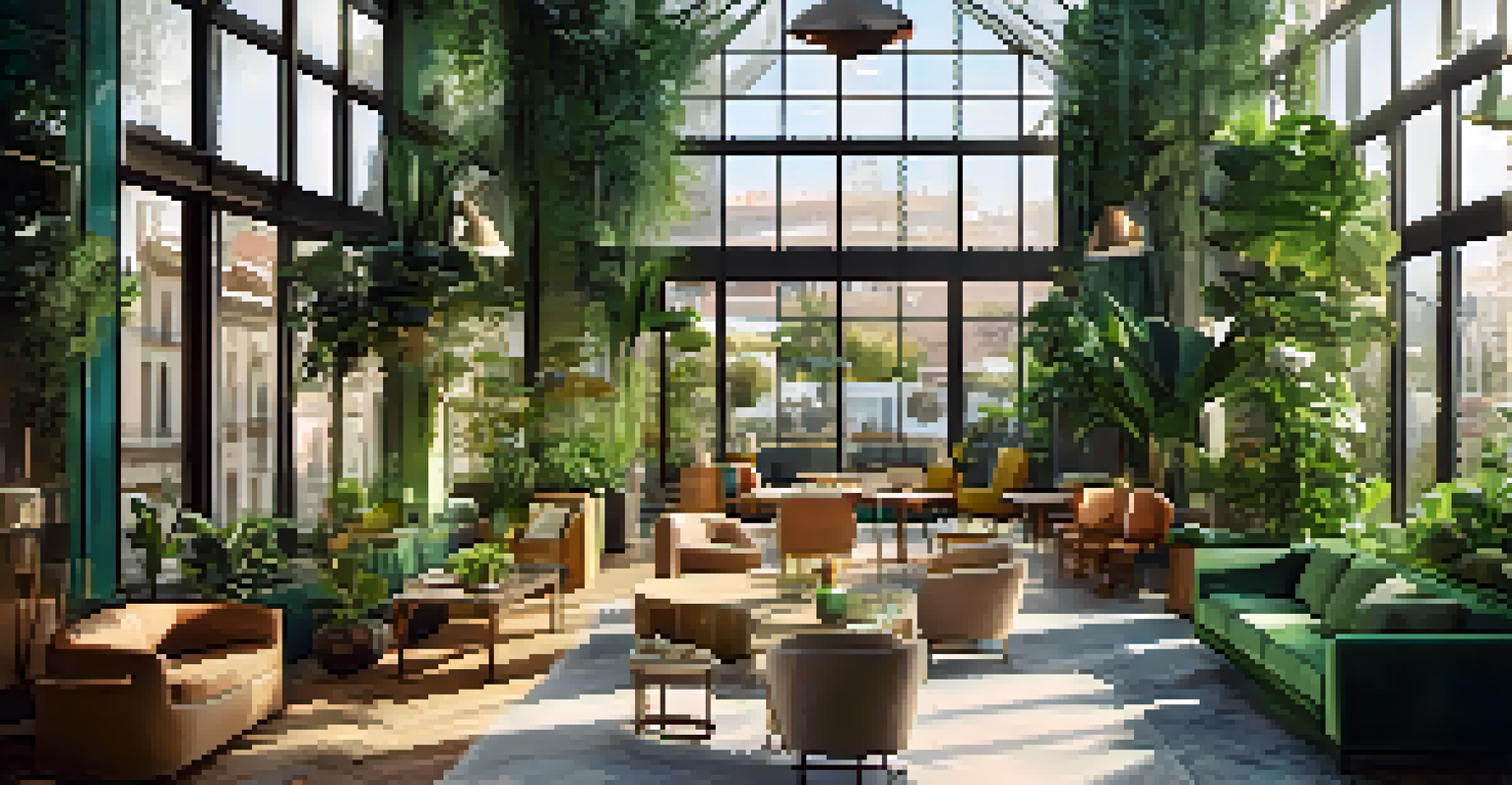 A modern and eco-friendly hotel interior featuring plants and stylish decor in Barcelona.