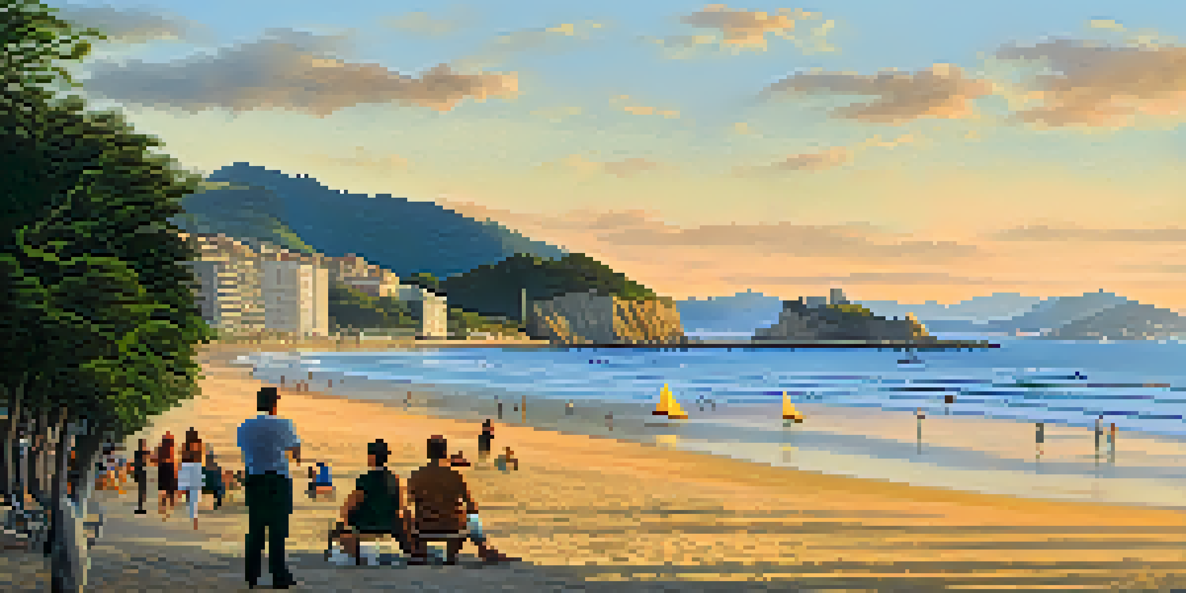 A beautiful sunset over La Concha beach in San Sebastián, with people walking on the sand and sailboats in the bay.