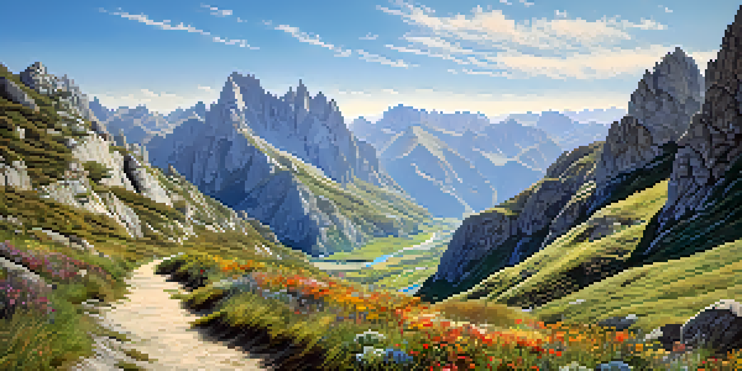 A scenic view of Picos de Europa National Park with dramatic peaks, a winding trail, and vibrant wildflowers in the foreground.