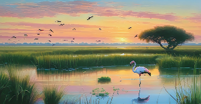 A beautiful wetland scene in Doñana National Park with a flamingo and flying birds at sunset.