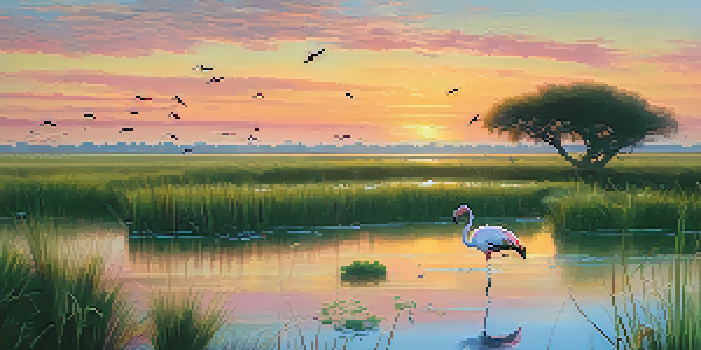 A beautiful wetland scene in Doñana National Park with a flamingo and flying birds at sunset.