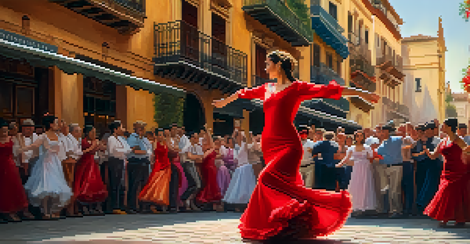 A Flamenco dancer in a red dress performing on the streets of Seville, surrounded by an engaged audience and colorful decorations.