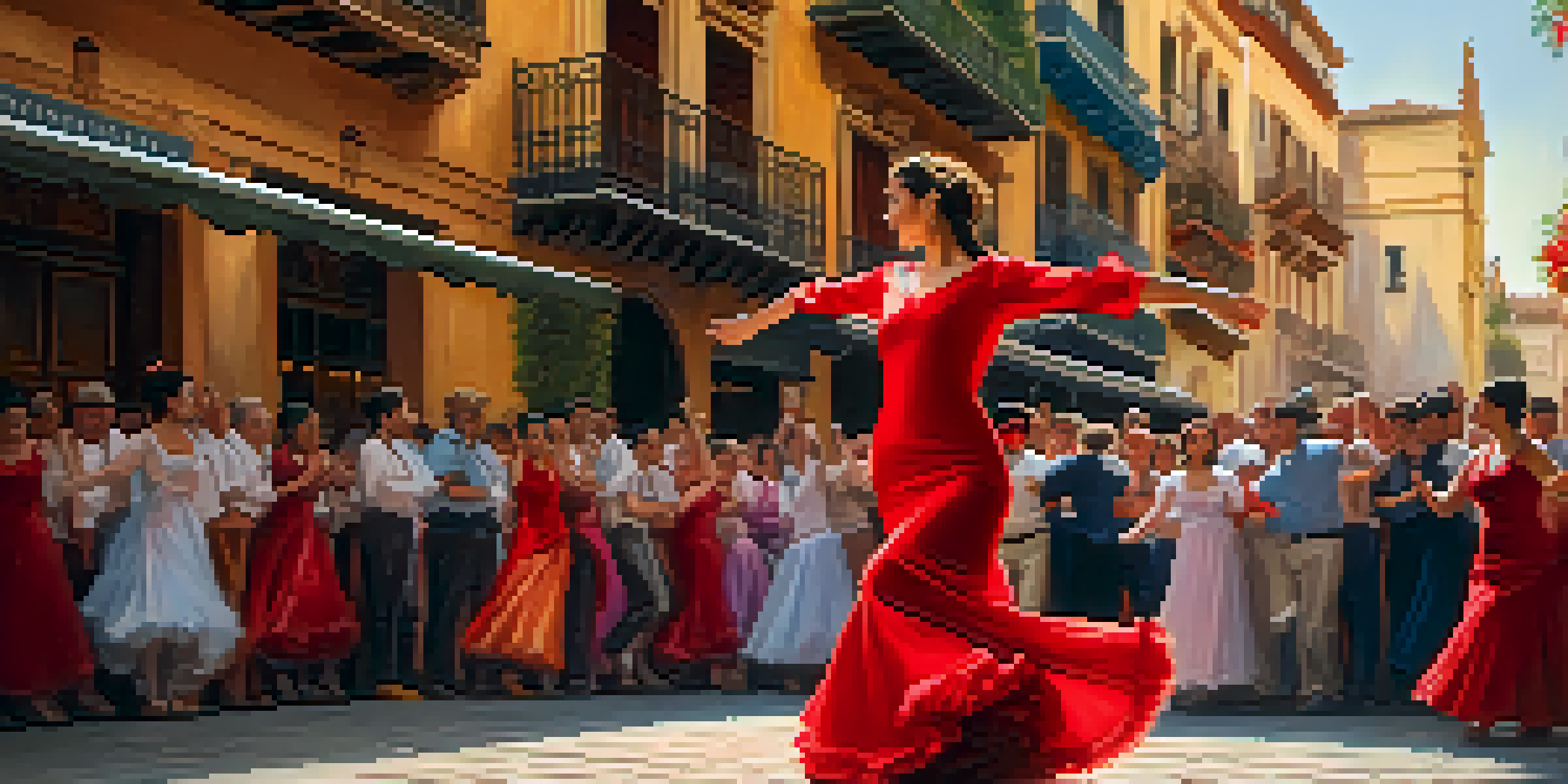 A Flamenco dancer in a red dress performing on the streets of Seville, surrounded by an engaged audience and colorful decorations.