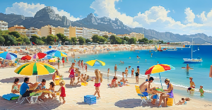 A lively beach scene with families, children building sandcastles, and adults relaxing under umbrellas at Playa de Alcudia, Mallorca.