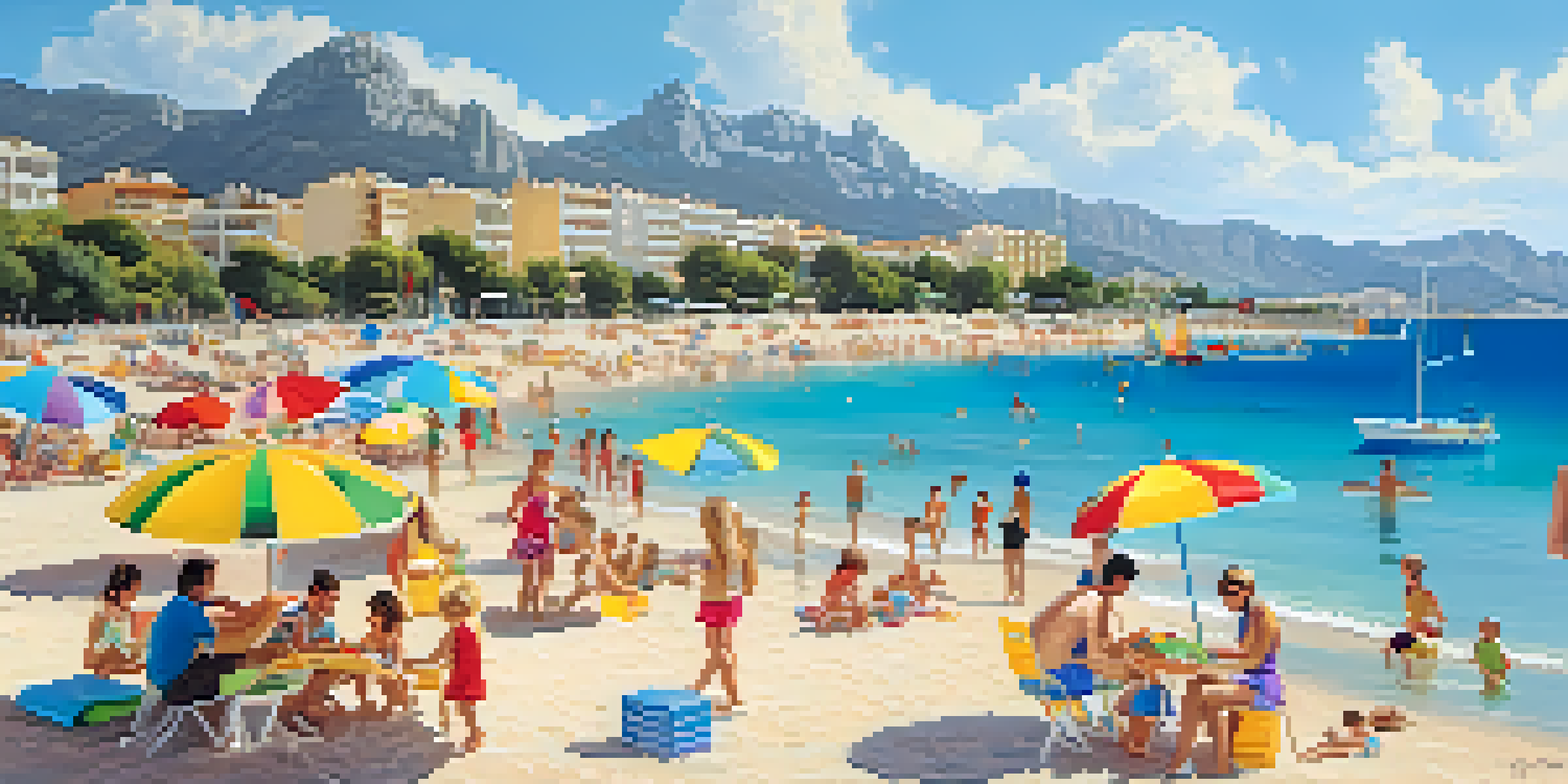 A lively beach scene with families, children building sandcastles, and adults relaxing under umbrellas at Playa de Alcudia, Mallorca.