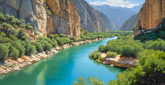 A scenic view of El Chorro with climbers on limestone cliffs and a turquoise river below, under a blue sky.