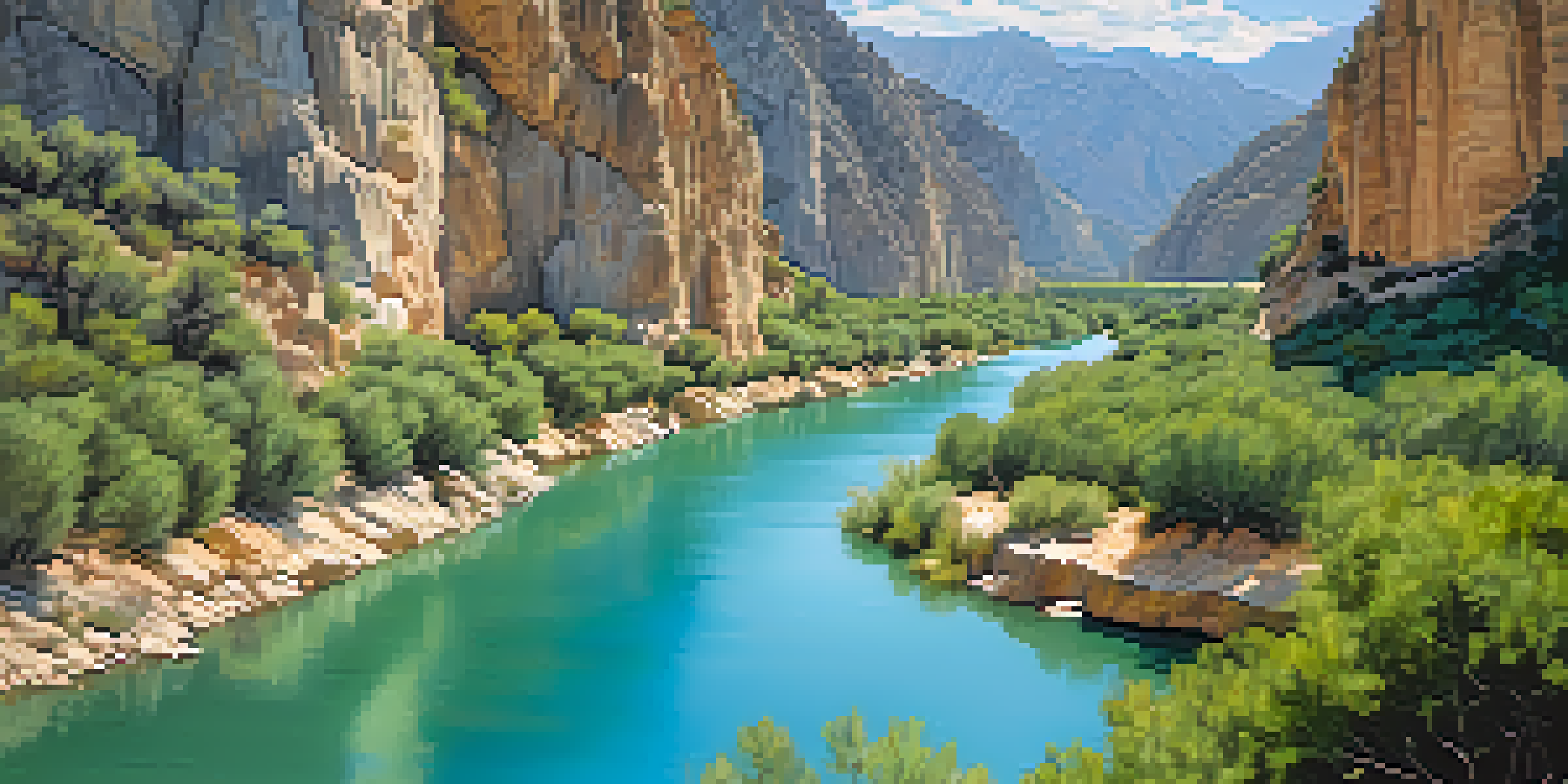 A scenic view of El Chorro with climbers on limestone cliffs and a turquoise river below, under a blue sky.