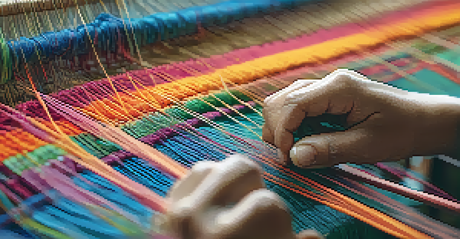 Close-up of hands weaving on a loom, showcasing colorful threads and intricate patterns.