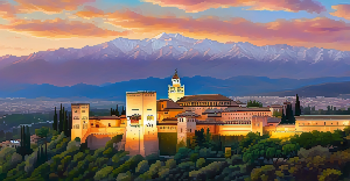 A panoramic view of the Alhambra in Granada, highlighting its intricate architecture and lush gardens during golden hour.