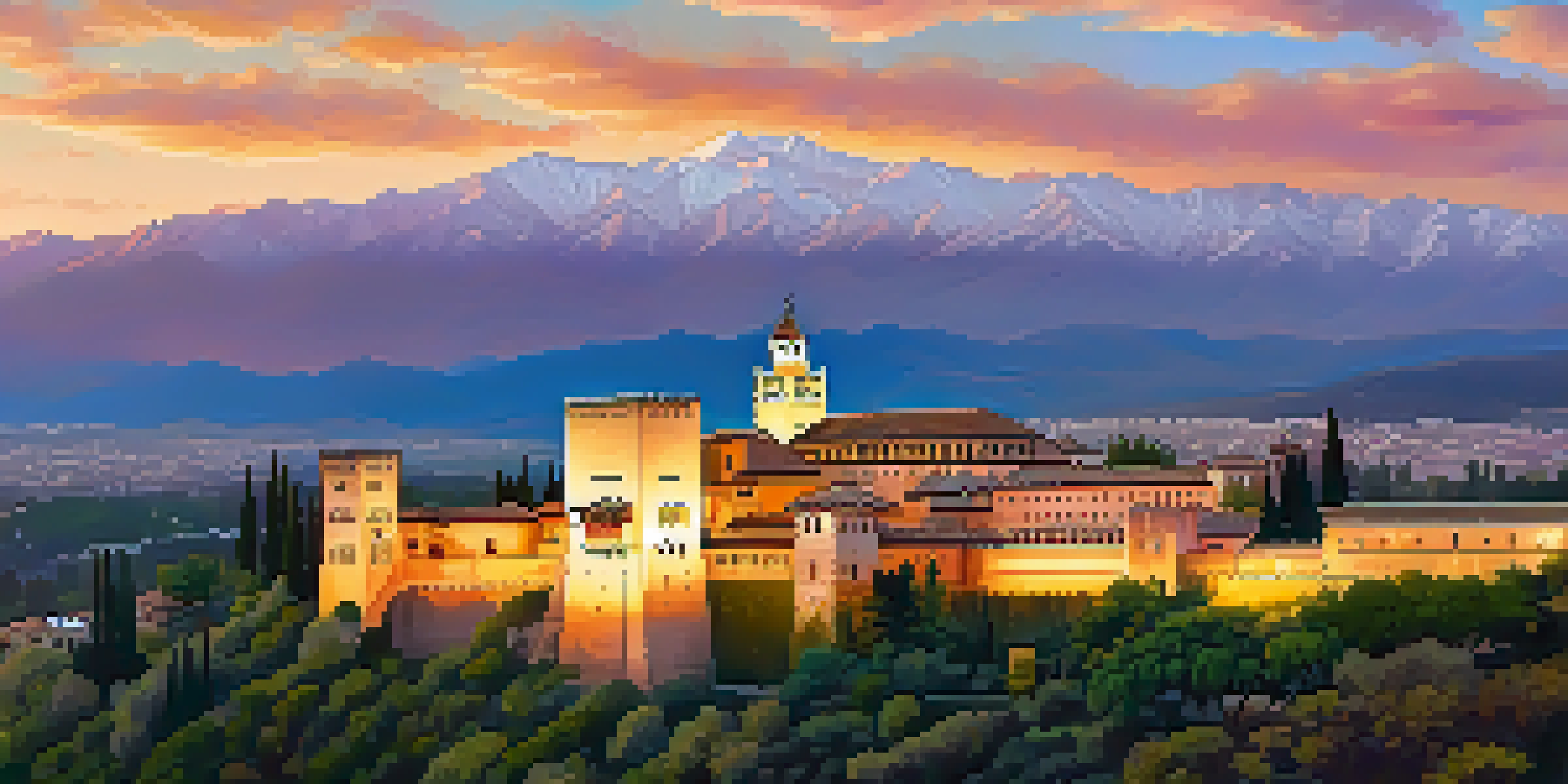 A panoramic view of the Alhambra in Granada, highlighting its intricate architecture and lush gardens during golden hour.