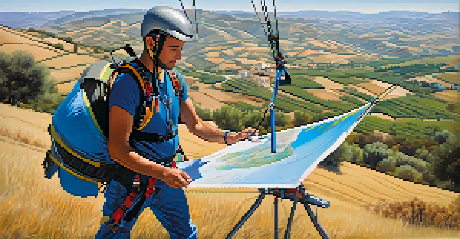 An instructor checking paragliding equipment in a scenic Andalusian landscape with hills and olive trees.