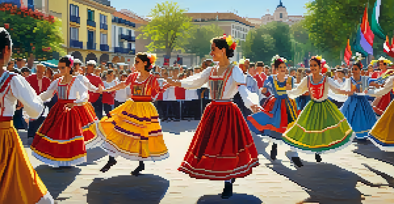 Dancers in colorful costumes performing traditional folk dances during the Fiesta de San Isidro, with an audience enjoying the performance in a lively plaza.