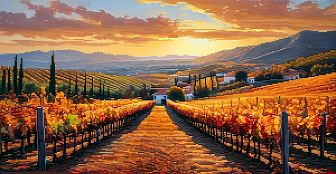 A beautiful vineyard in La Rioja, Spain, with rows of grapevines and a sunset sky, featuring a rustic table with wine and glasses.