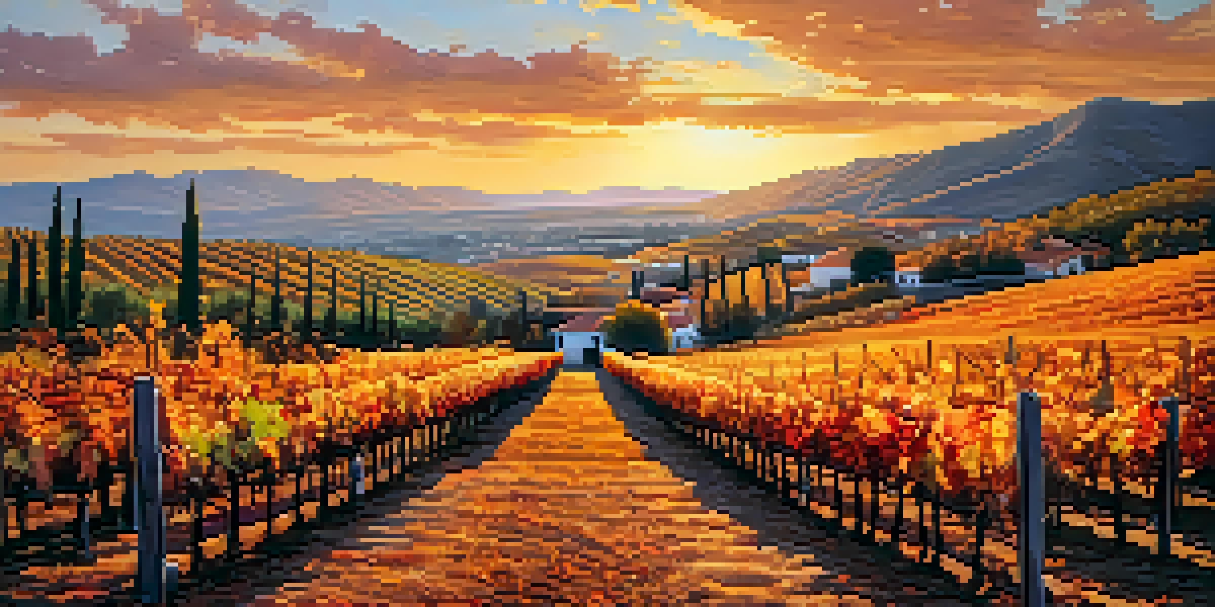 A beautiful vineyard in La Rioja, Spain, with rows of grapevines and a sunset sky, featuring a rustic table with wine and glasses.