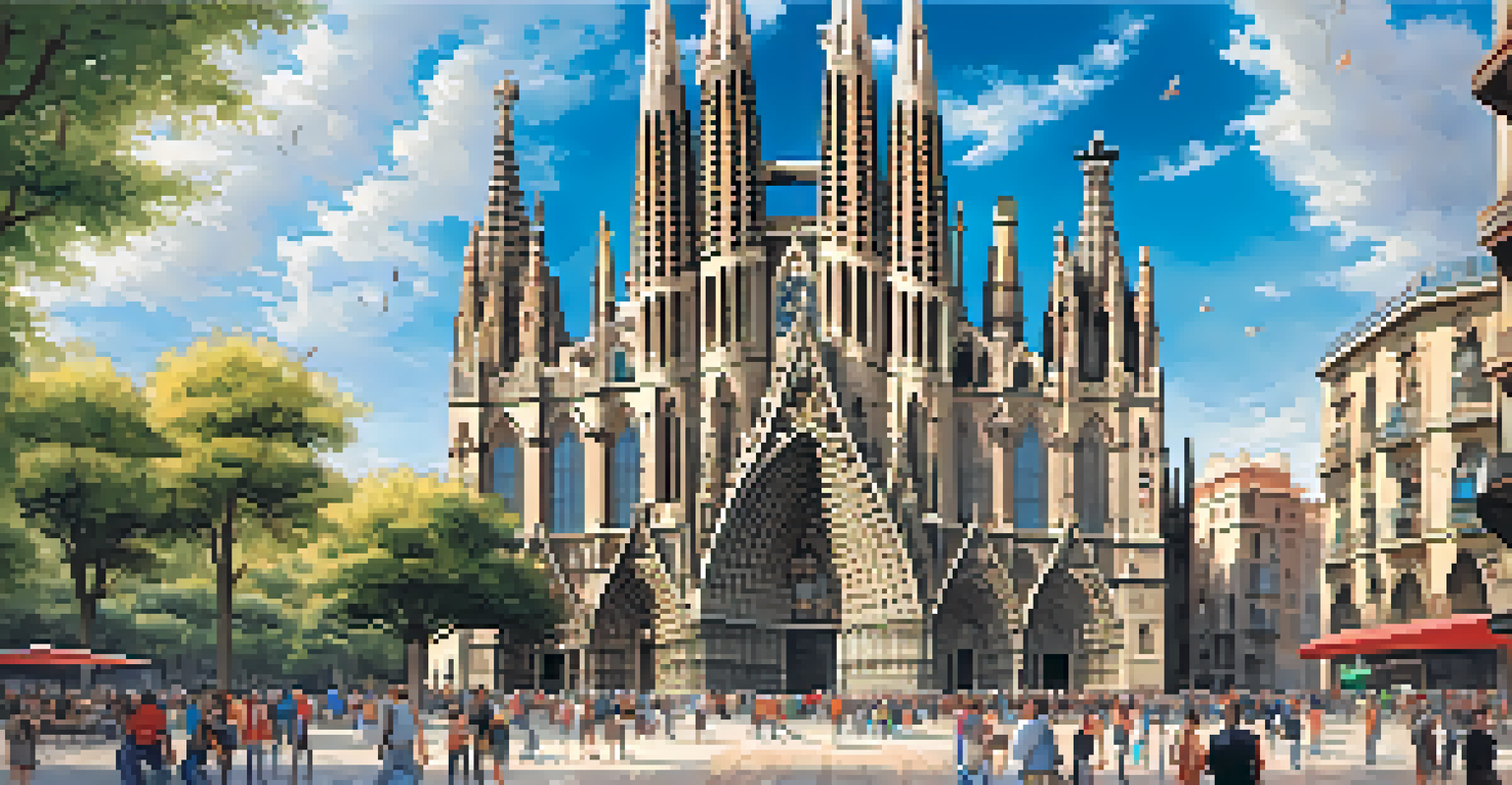 The Barcelona Cathedral with soaring spires and a lively plaza in front.