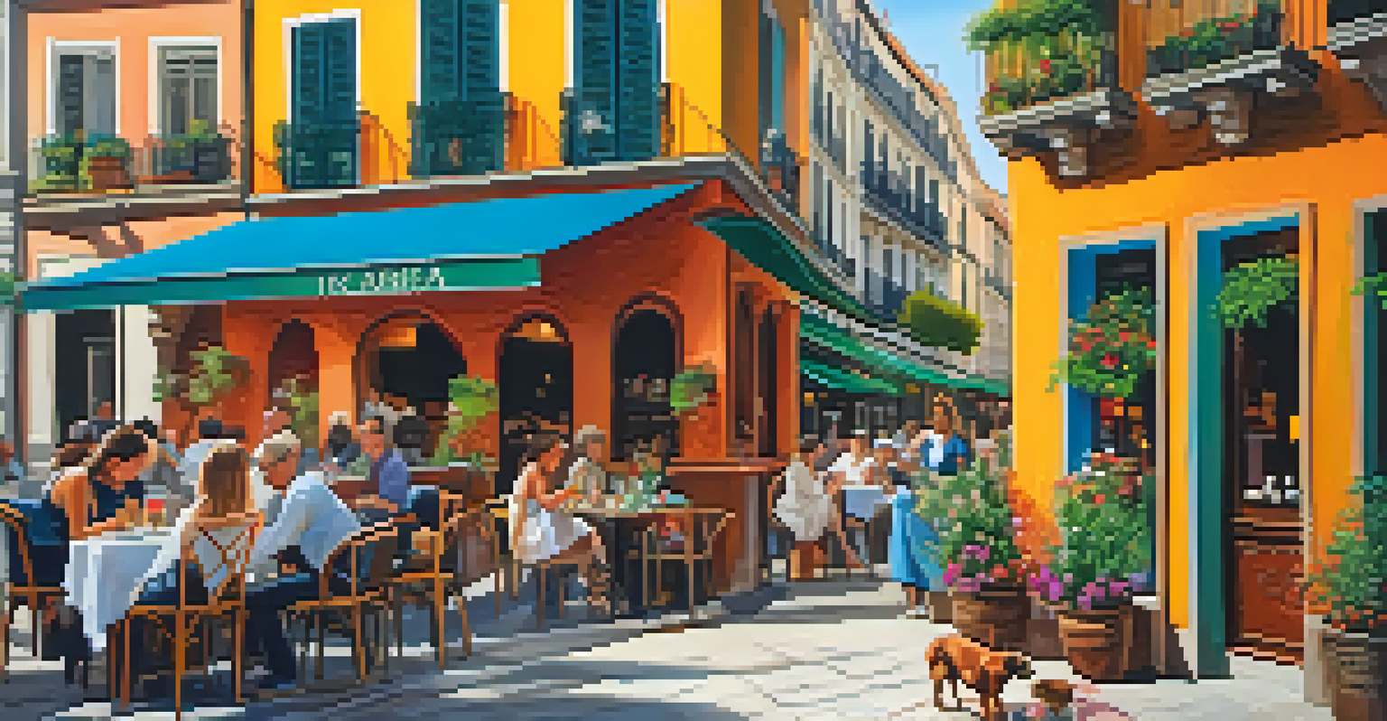 A woman enjoying tapas at an outdoor cafe in Madrid, with her small dog sitting beside her on the terrace.