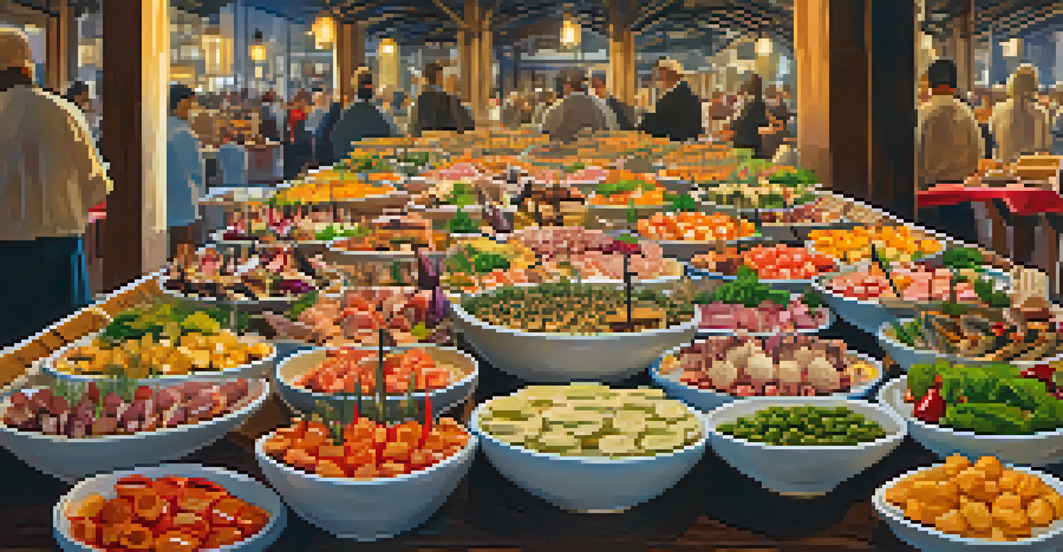 An elegant array of colorful pintxos on a wooden table at San Sebastián Gastronomika festival, with chefs preparing food in the background.