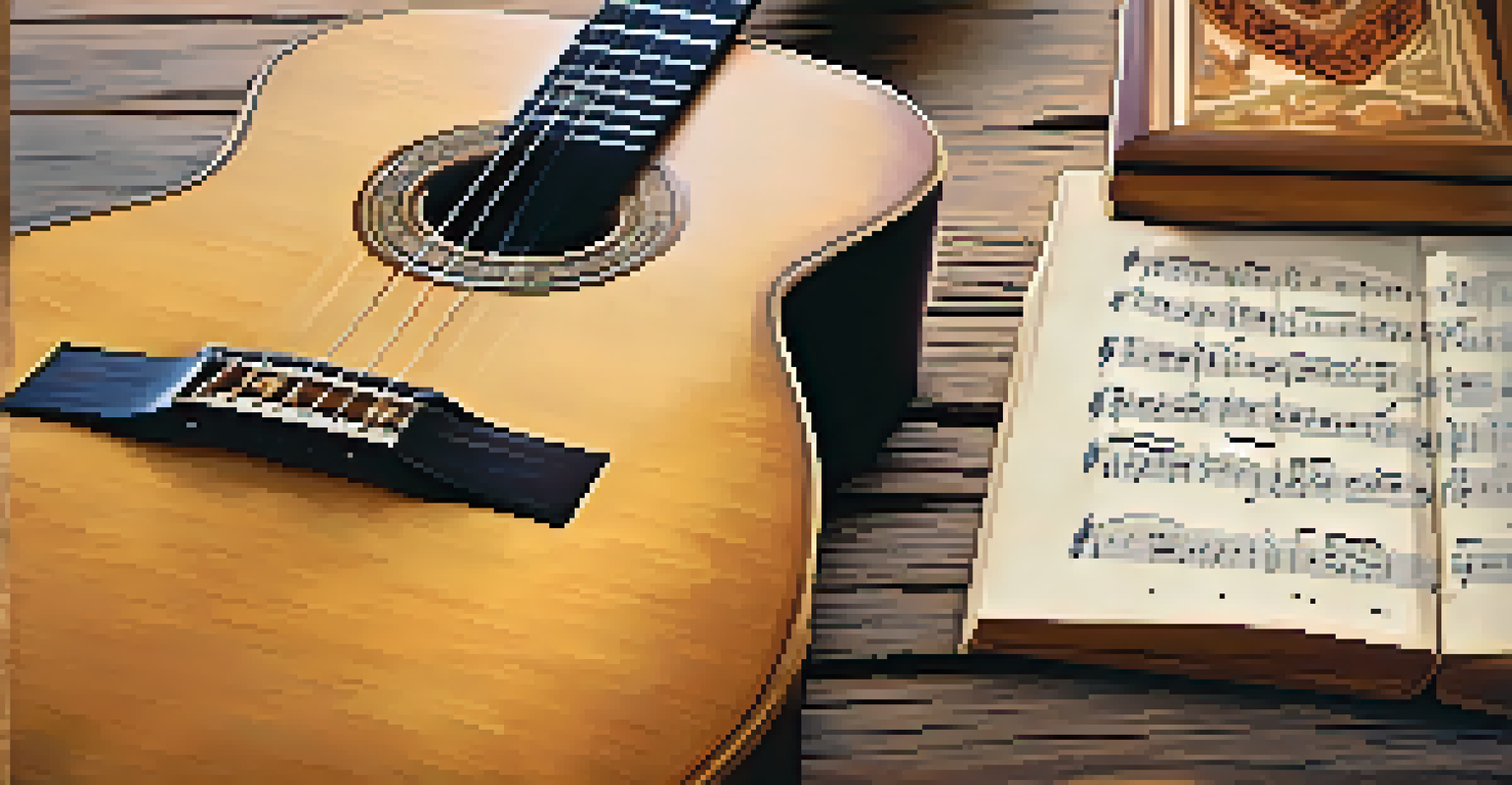A close-up view of a traditional Spanish guitar on a wooden table, with soft light emphasizing its details and a blurred sheet of music in the background.